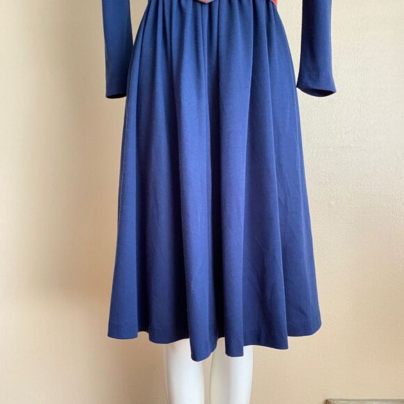 Vintage Medium Navy Blue 80s Long Sleeve Dress with Rad Belt Faux Red Snakeskin - Picture 4 of 8
